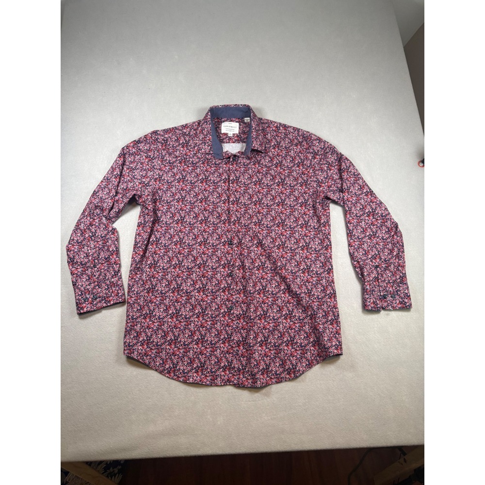 Con.Struct Mens XL Slim Fit Floral Button Down Shirt Red Navy 4-Way Stretch